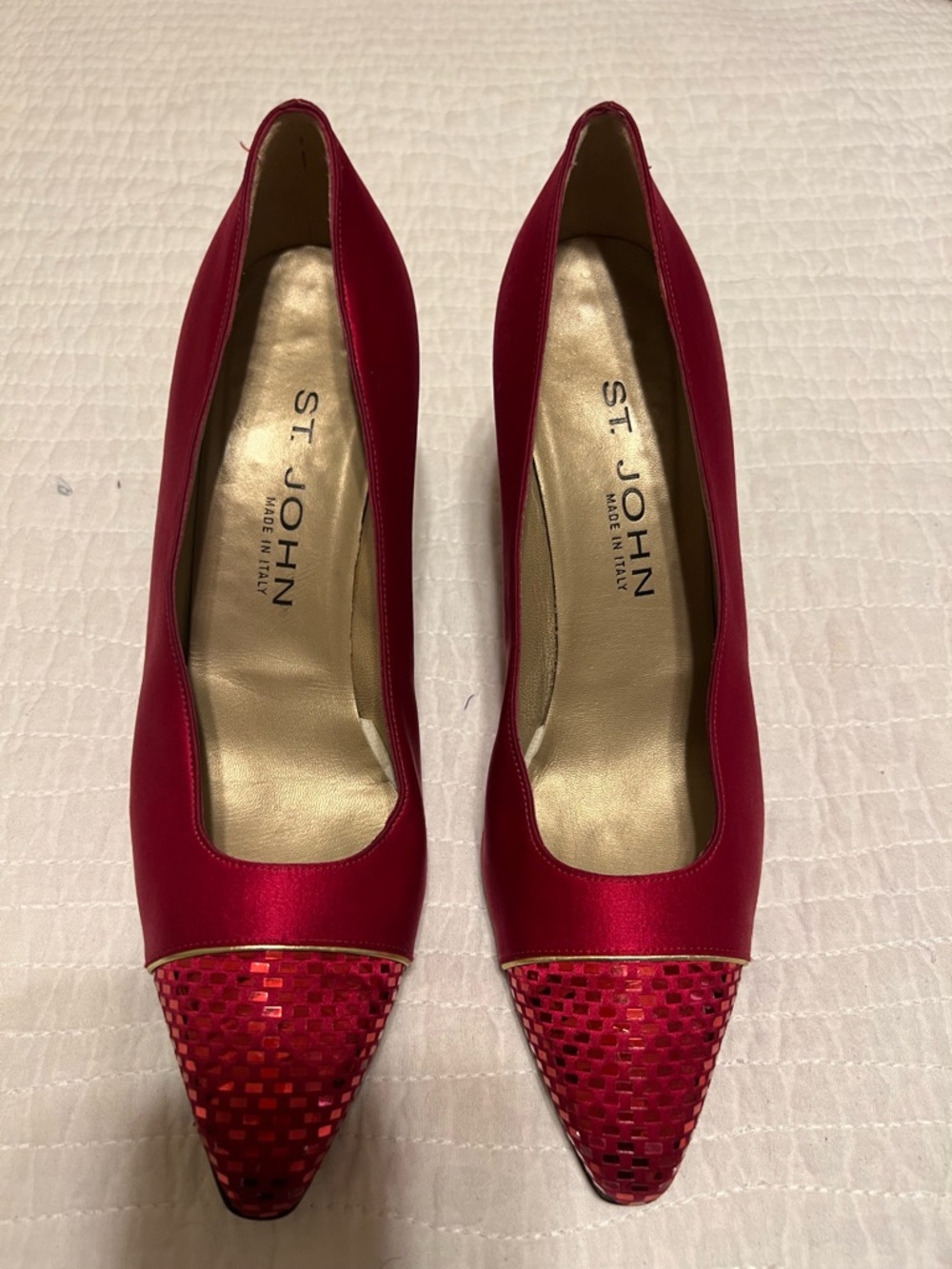 St. John Red Satin Pointed Toe Pumps with Sequin-Weave Cap